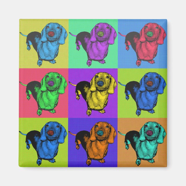 Pop Art Dachsund Doxie Panels Multi-Färg Popart Magnet (Framsidan)