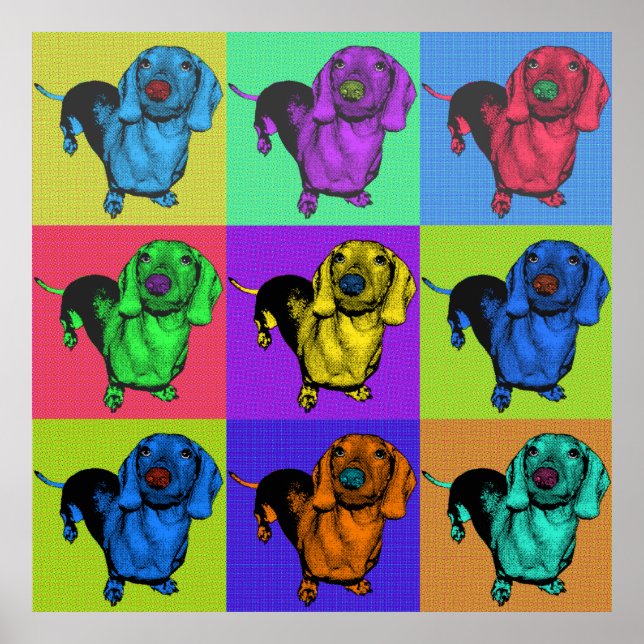 Pop Art Dachsund Doxie Panels Multi-Färg Popart Poster (Framsidan)