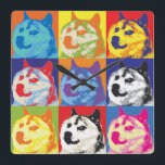 Pop Art Dogecoin Fyrkantig Klocka<br><div class="desc">Dogecoin Shiba Inu i retro 1970's pop art stil</div>