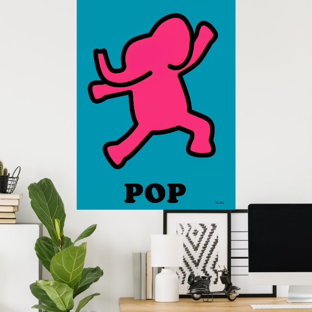Pop Art Elephant Poster - Dansar Rosa på Teal (Hemmakontoret)
