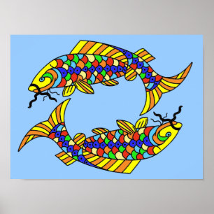 Pop Art Finare Pisces Fish on Light Blue Poster