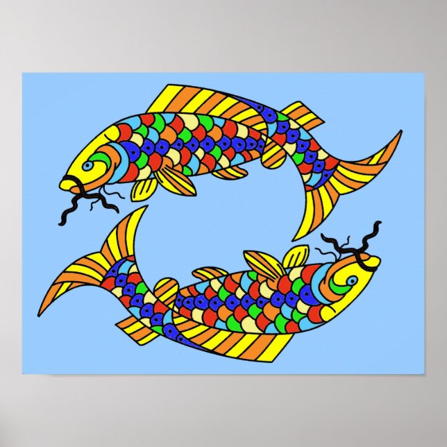 Pop Art Finare Pisces Fish on Light Blue Poster (Framsidan)