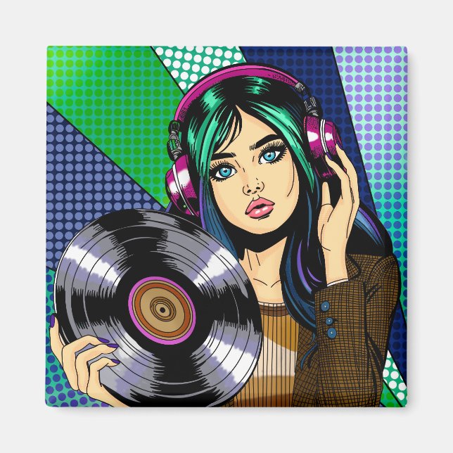 Pop Art-flicka med skiva Magnet (Framsidan)