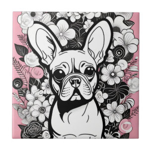 Pop Art Flowers och Fransk Bulldog Kakelplatta