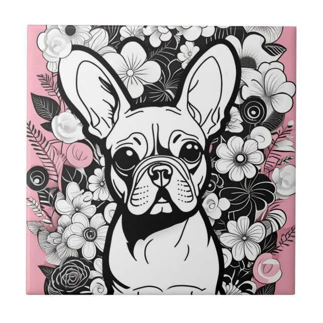 Pop Art Flowers och Fransk Bulldog Kakelplatta (Framsidan)