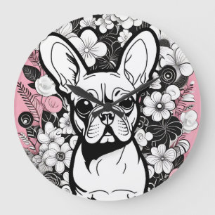 Pop Art Flowers och Fransk Bulldog Stor Klocka