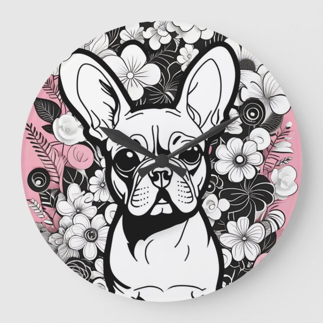 Pop Art Flowers och Fransk Bulldog Stor Klocka (Framsida)