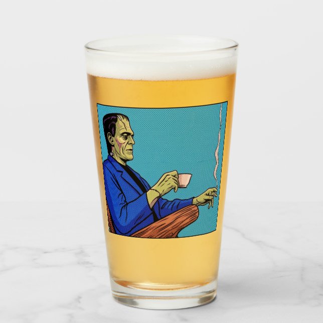 Pop Art Frankenstein Monster Drinking Tea Halftone Glaskopp (Framsida fylld)