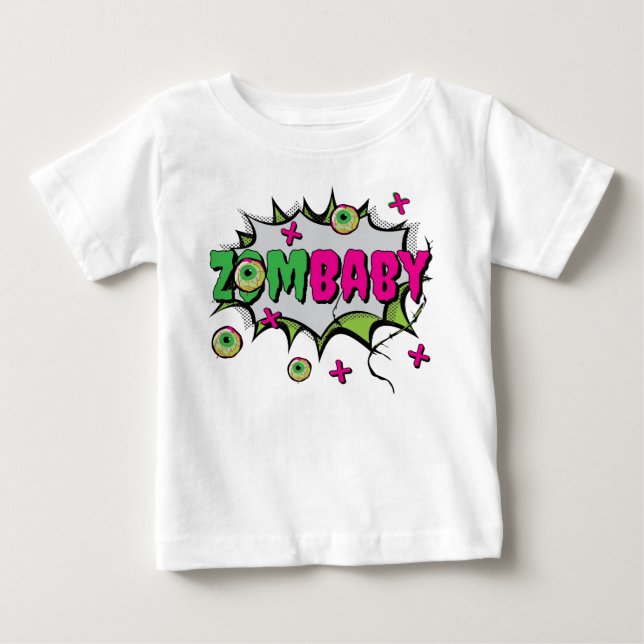 Pop Art Funky Scary Cute "ZomBaby" Zombie Pun T Shirt (Framsida)