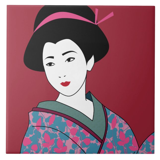 Pop Art Geisha i Blommigt Kimono Anpassningsbar Kakelplatta (Framsidan)