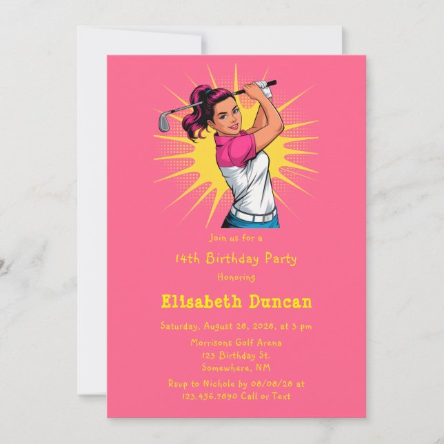 Pop Art Girl Golfer Födelsedagsfest Inbjudningar (Framsida)