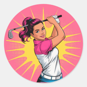 Pop Art Girl Golfer Födelsedagsfest Runt Klistermärke