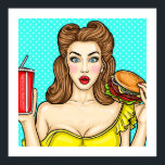 Pop Art Girl with Burger Kitchen 24x24 Poster<br><div class="desc">Den här poster/utskriften skulle vara underbar för ett återkök. Välj en egen storlek,  färg i bakgrunden och papper kvalitet. Använda verktyg för Zazzle-ramning för att se hur den här bilden kommer att se ut som ramad. Öka eller minska synen från gräns till kostym.</div>