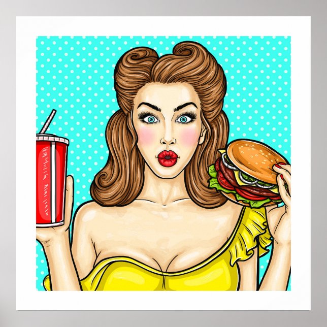 Pop Art Girl with Burger Kitchen 24x24 Poster (Framsidan)