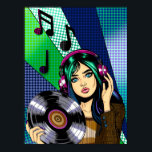 Pop Art Girl with Record Poster<br><div class="desc">Pop Art-flicka som håller ett vinylalbum med musik noter runt henne. Blått,  grönt och lila färglöst hand plockade-konst.</div>