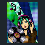 Pop Art Girl with Record Poster<br><div class="desc">Pop Art-flicka som håller ett vinylalbum med musik noter runt henne. Blått,  grönt och lila färglöst hand plockade-konst.</div>