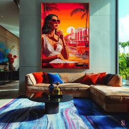 Pop Art Glamous Woman vid Sunset med Vin Canvastryck