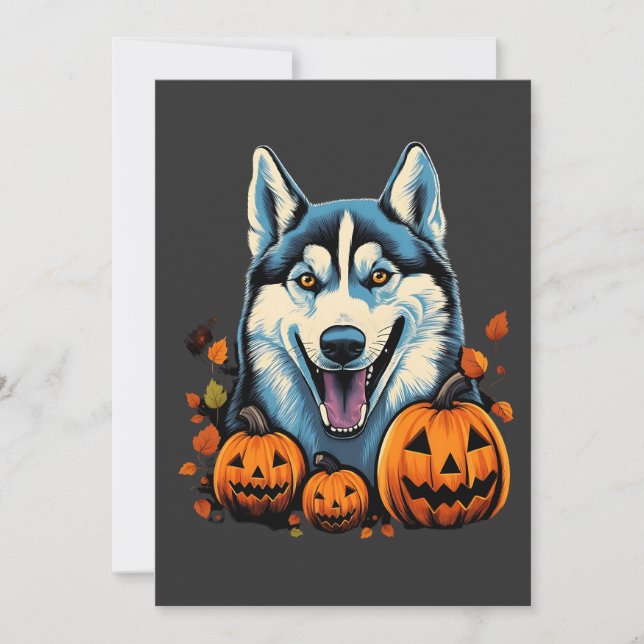 Pop Art Glattande Husky Hund med Pumpa Halloween Julkort (Framsida)