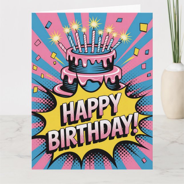 Pop Art Grattis på födelsedagen Cake Kort (Framsida)