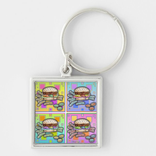 POP Art HAMBURGER Premium KEYCHAIN Fyrkantig Silverfärgad Nyckelring (Framsidan)