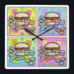 POP Art HAMBURGER WALL CLOCK Fyrkantig Klocka<br><div class="desc">Pop Art HAMBURGER med FRIES. En klassisk popkongrafik i stil av All American Burger & Fransk Fries - En sesamfröbun och bete chip som sidor! Retro och roligt,  perfekt för restauranger,  restauranger och hemkök.</div>