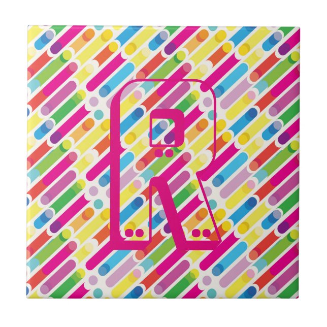 Pop Art i Monogram Rainbow Diagonal Linjer Mönster Kakelplatta (Framsidan)