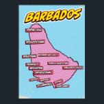 Pop Art Illustrated Barbados karta Poster<br><div class="desc">En popkonst stil karta i Barbados med en ljusblå bakgrund och ett prickat mönster.</div>