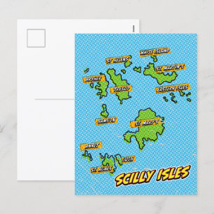 Pop Art Illustrated Scilly Isles karta Helg Vykort