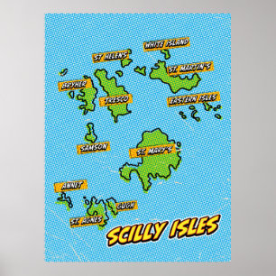 Pop Art Illustrated Scilly Isles karta Poster