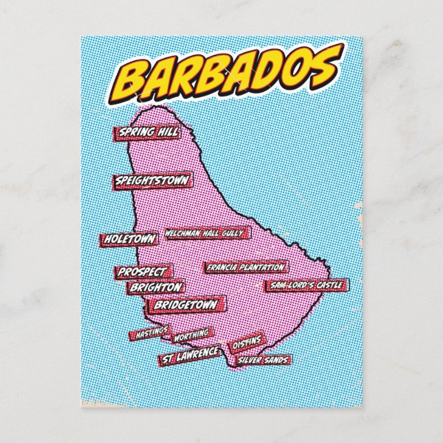 Pop Art Illustrerad Barbados karta Vykort (Framsida)