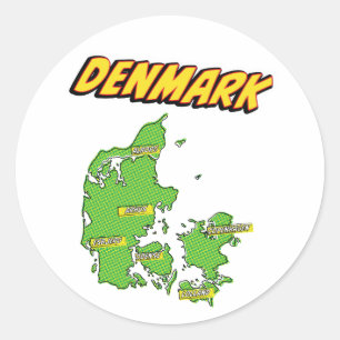 Pop Art Illustrerad Danmarkskarta Runt Klistermärke