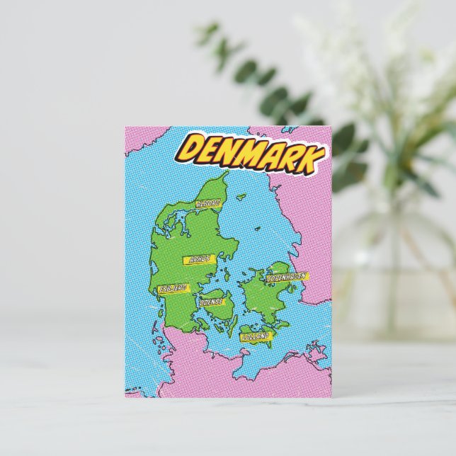 Pop Art Illustrerad Danmarkskarta Vykort (Stående Fram)