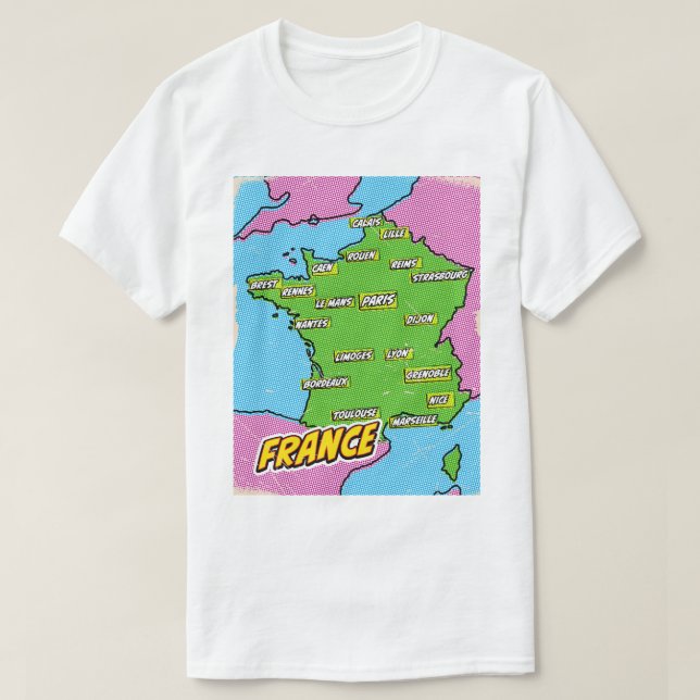 Pop Art Illustrerad Frankrike karta T Shirt (Design framsida)