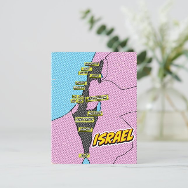 Pop Art Illustrerad Israel karta Vykort (Stående Fram)