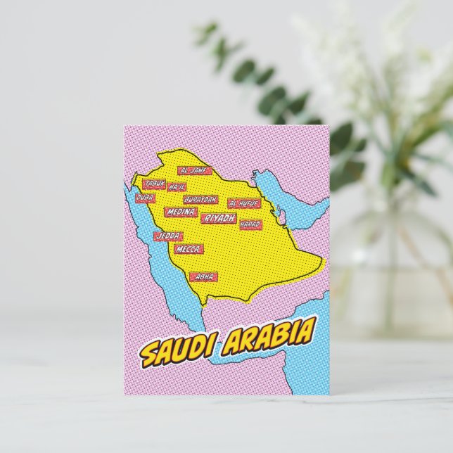 Pop Art Illustrerad karta över Saudiarabien Vykort (Stående Fram)