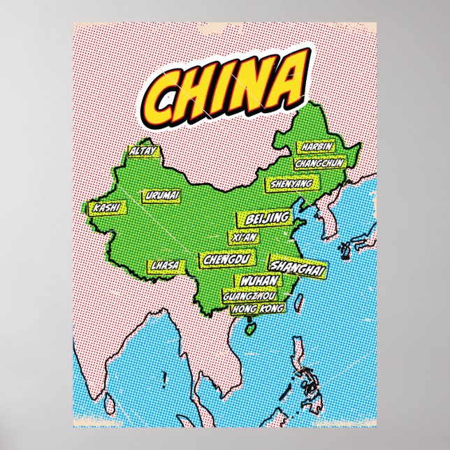 Pop Art Illustrerad Kina karta Poster (Framsidan)