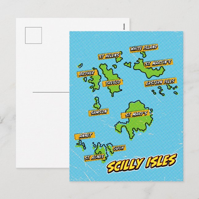 Pop Art Illustrerad Scilly Isles karta Helg Vykort (Fram/baksida)