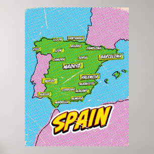 Pop Art Illustrerad Spanien karta Poster