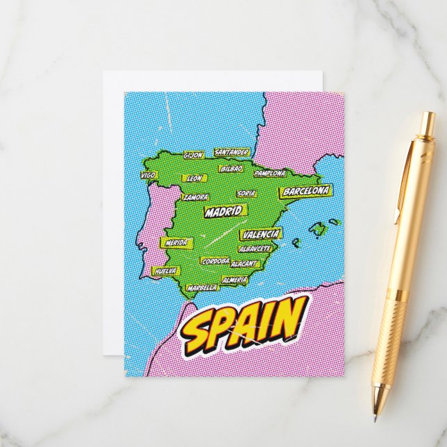 Pop Art Illustrerad Spanien karta Tilläggskort (Fram/Back In Situ)