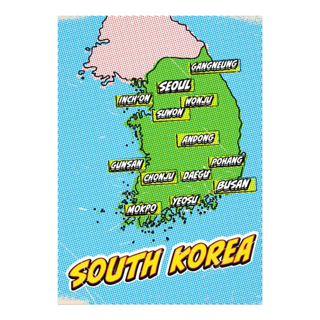 Pop Art Illustrerad Sydkorea karta Fototryck (Framsidan)
