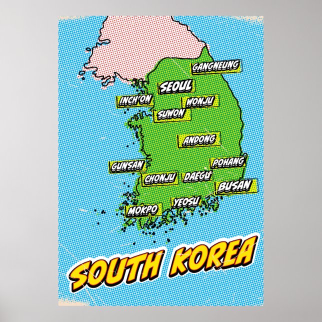 Pop Art Illustrerad Sydkorea karta Poster (Framsidan)