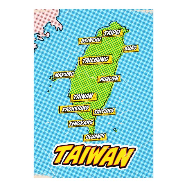Pop Art Illustrerad Taiwan karta Fototryck (Framsidan)