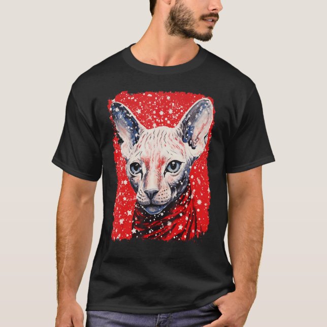 Pop Art jul röd Sphynx hårlös katt T Shirt (Framsida)