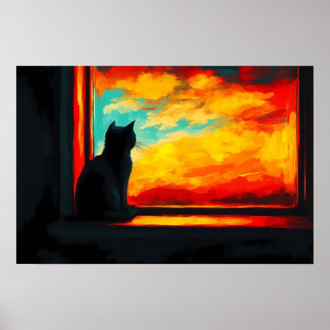 Pop Art Katt vid solnedgång - Utsikt från fönster Poster (Framsidan)