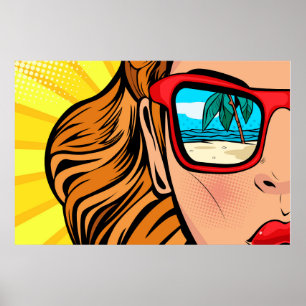 Pop Art Kvinna i Solglasögon på Strand Affisch