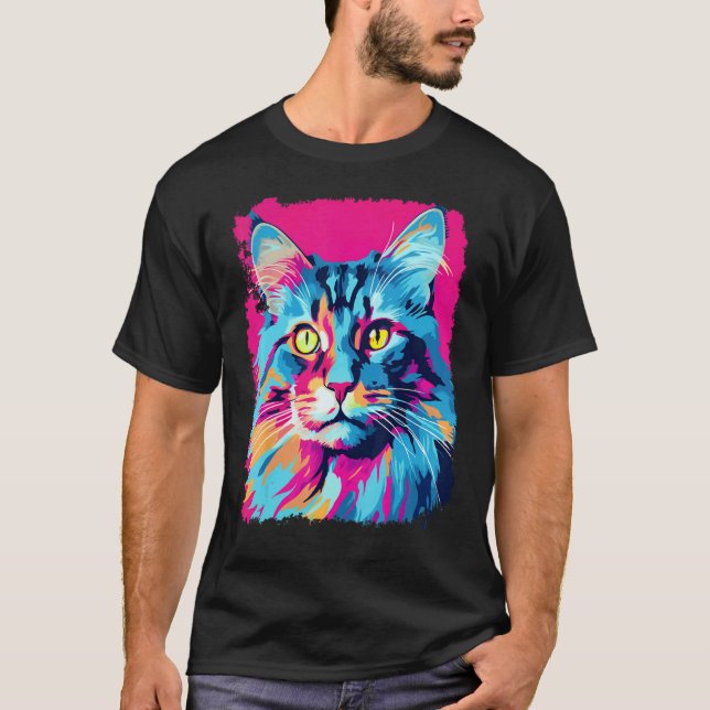 Pop Art Maine Coon Katt Rosa T Shirt (Framsida)
