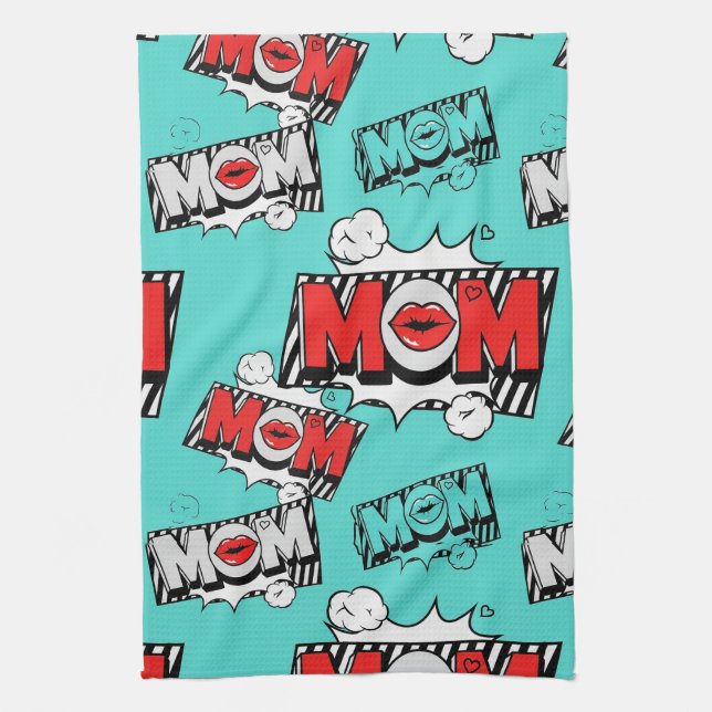 Pop Art MOM Love Pattern in Turquoise (4) Kökshandduk (Vertikal)