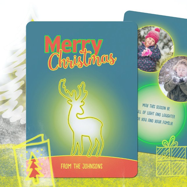 Pop Art Neon Ren Två Foto Jul Julkort (Pop Art Neon Reindeer Two Photo Christmas Holiday Card ©Susanne Sachers - Sunny Mind 🌞)