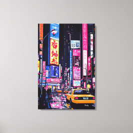 Pop Art Neon Stadsscen med Gul Taxi Canvastryck