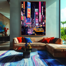 Pop Art Neon Stadsscen med Gul Taxi